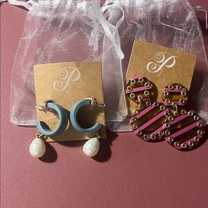 2pairs of plunder earrings turquoise w/pearl drop and pink and gold